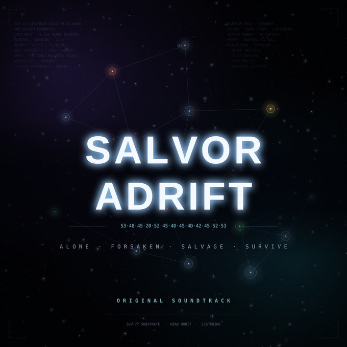 The SALVOR ADRIFT soundtrack cover. The wordmark stacked over a star chart, with the ship's boot log fading down both edges.